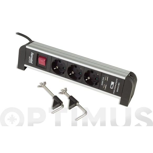 BASE MULTIPLE CON INTERRUPTOR 3 TOMAS + 2USB SOPORTE SOBREMESA FAMATEL